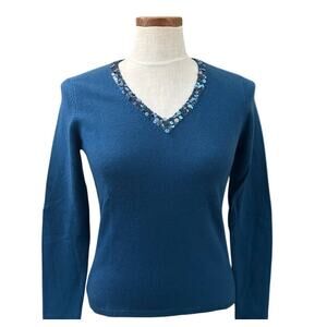 Vintage McDuff Cashmere Sequin V-Neck Sweater XS Blue Y2K Quiet Luxury Knit Glam